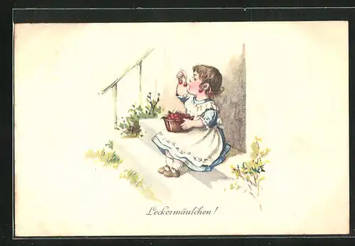 Künstler-AK Elly Frank: Leckermäulchen!, kleines Mädchen nascht Kirschen
