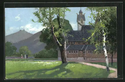 Künstler-AK Carl Ernst Morgenstern: Kirche Wang mit Schneekoppe