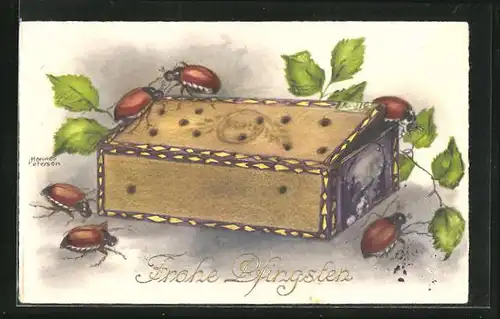 Künstler-AK Hannes Petersen: Frohe Pfingsten, Maikäfer krabbeln auf einer Holzschachtel