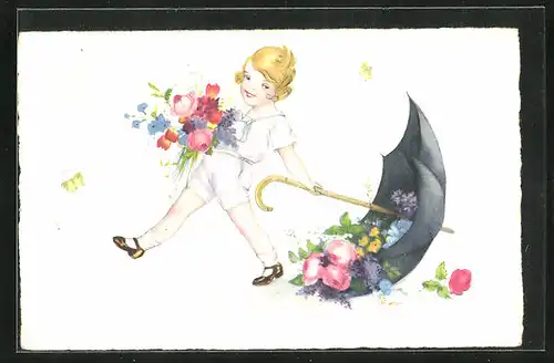 Künstler-AK Hannes Petersen unsign.: Mädchen mit Blumenstrauss und Schirm voller Blüten