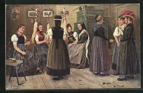 Künstler-AK Heinrich Hoffmann: Spinnstube im Schwarzwald