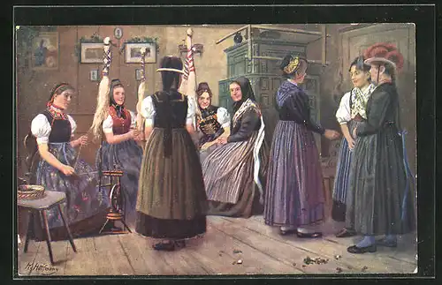 Künstler-AK Heinrich Hoffmann: Spinnstube im Schwarzwald