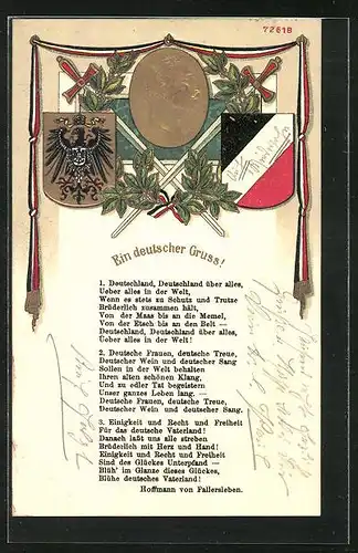 Künstler-AK Bruno Bürger & Ottillie Nr. 7261B: Eindeutscher Gruss!, Flaggen und Medaille mit Kaiserportrait
