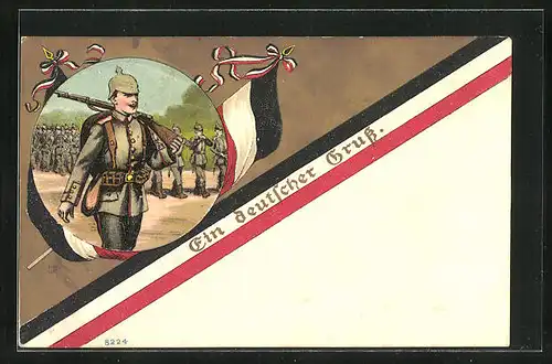 Künstler-AK Bruno Bürger & Ottillie Nr. 8224: Ein deutscher Gruss, Soldat mit gewehr, Flagge