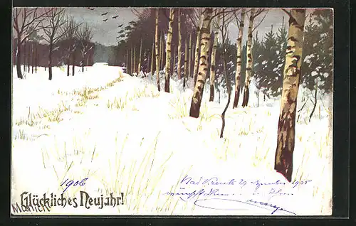 Künstler-AK Alfred Mailick: schneebedeckter Wald, Glückliches Neujahr