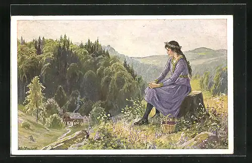 Künstler-AK Alfred Mailick: Erika, Fräulein blickt vom Berg auf eine Hütte