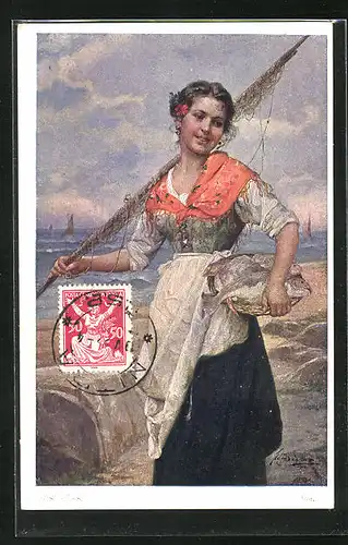 Künstler-AK Josef Süss: Fischermädchen am Strand