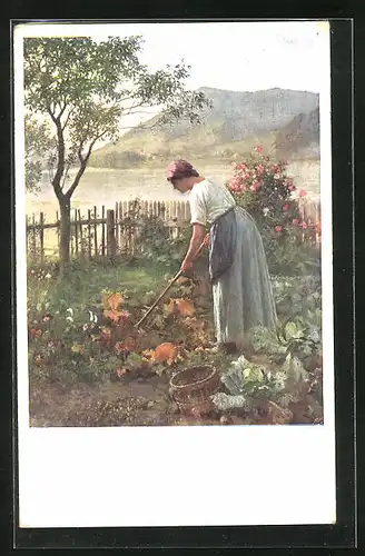 Künstler-AK Karl Maria Schuster: Hausgärtlein, Bäuerin harkt im Garten