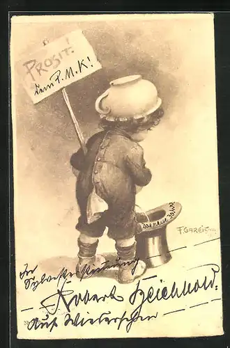 Künstler-AK F. Gareis: Knabe mit Nachttopf auf dem Kopf pinkelt in einen Zylinder, Prosit