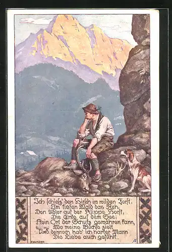 Künstler-AK Ernst Kutzer: Ich schiess'den Hirsch..., Jäger auf einem Berg sitzend