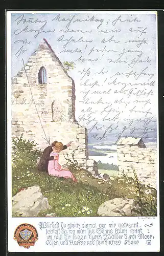Künstler-AK Ernst Kutzer: Liebespaar sitzt an einer Hausruine auf dem Hochufer