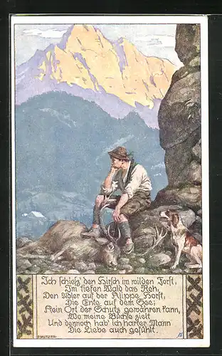 Künstler-AK Ernst Kutzer: Ich schiess'den Hirsch..., Jäger auf einem Berg sitzend