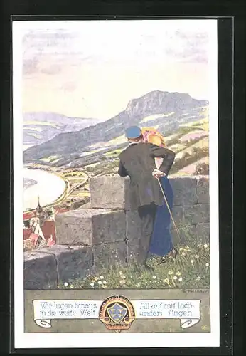 Künstler-AK Ernst Kutzer: Liebespaar blickt von einer Mauer auf die Ortschaft