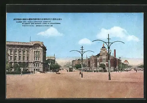 AK Dairen, Strasseneck mit Strassenbahn