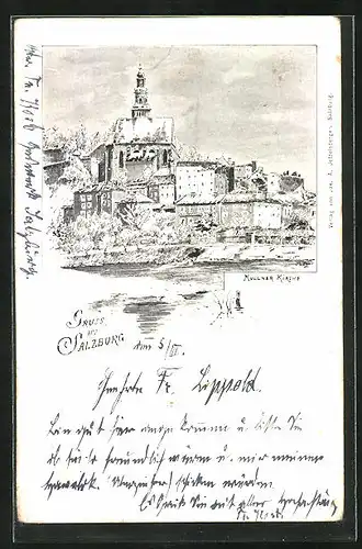 Künstler-AK Salzburg, Teilansicht mit Müllner Kirche