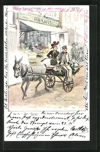 AK Familiar Figures of London, The Coster, Dame fährt mit einer Eselskutsche