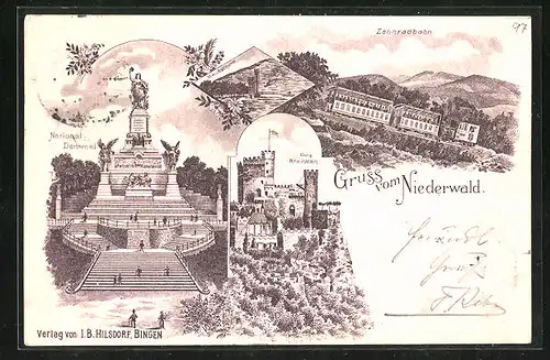 Lithographie National-Denkmal auf dem Niederwald, Zahnradbahn und Burg Rheinstein