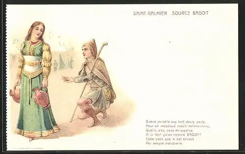 AK Saint-Galmier, Reklame für Source Badoit, Bettler kniet vor einer Dame
