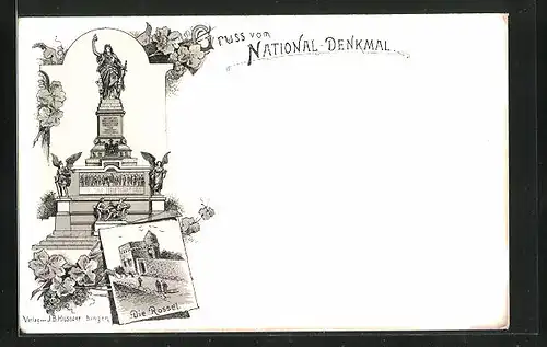 Lithographie National-Denkmal auf dem Niederwald, Germania und Rossel