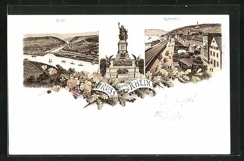 Lithographie Rüdesheim, National-Denkmal auf dem Niederwald, Ortsansicht, Blick nach Bingen, Rheinpartie