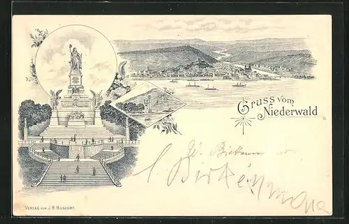 Lithographie National-Denkmal auf dem Niederwald, Dampfer auf dem Rhein