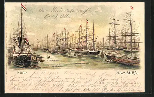 Lithographie Hamburg, Segelschiffe im Hafen