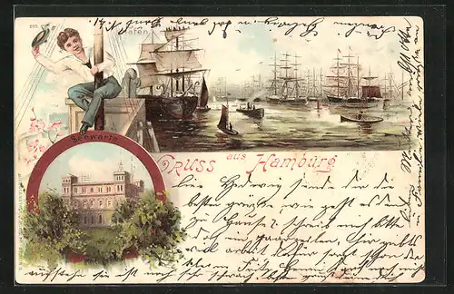 Lithographie Hamburg, Segelschiffe im Hafen, Seewarte