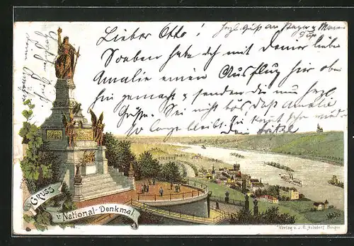 Lithographie Rüdesheim, National-Denkmal auf dem Niederwald, Rheinpartie aus der Vogelschau