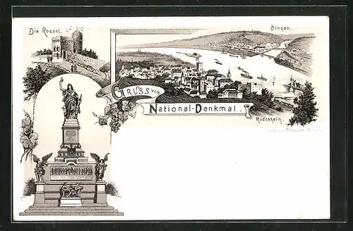 Lithographie Rüdesheim, National-Denkmal auf dem Niederwald, Rossel und Rheinpartie aus der Vogelschau