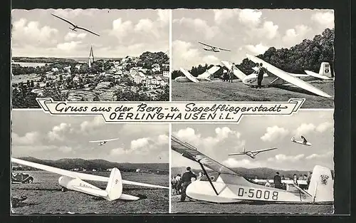 AK Oerlinghausen i. L., Segelflugzeuge in der Luft und am Boden, Ortsansicht
