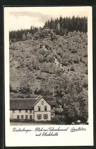 AK Finsterbergen, Blick zur Felsenkanzel mit Blockhütte