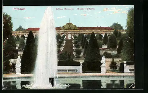 AK Potsdam, Schloss Sanssouci und grosse Fontäne