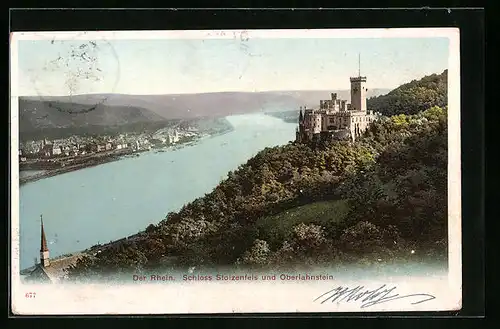 AK Stolzenfels, Schloss Stolzenfels und Oberlahnstein, Rheinpartie aus der Vogelschau