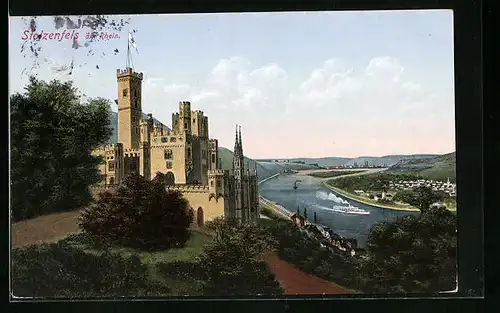 AK Stolzenfels, Schloss Stolzenfels, Rheinpartie aus der Vogelschau