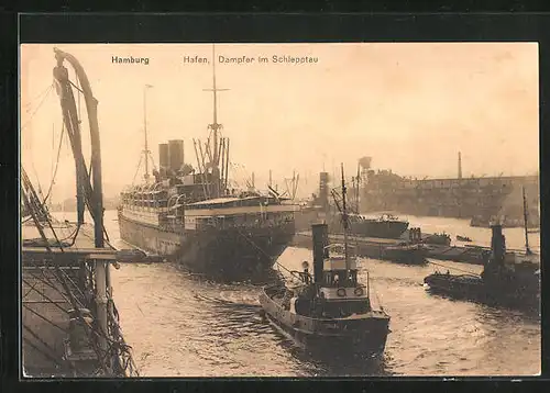 AK Hamburg, Dampfer im Schlepptau, Hafenpartie