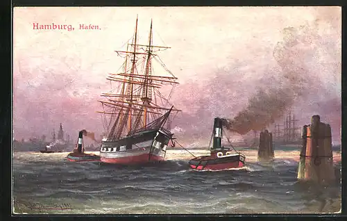 AK Hamburg, Segelschiff wird aus dem Hafen geschleppt