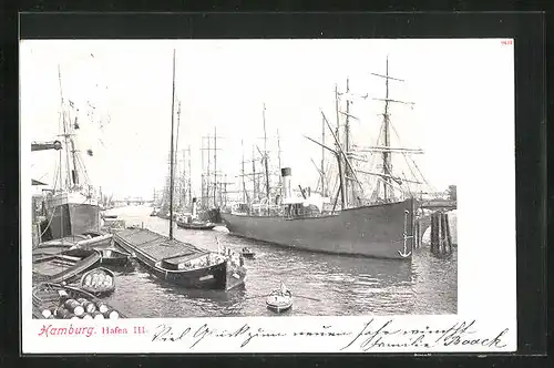 AK Hamburg, Hafen III mit Dampfer und Segelschiffen