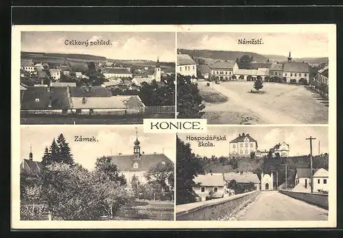 AK Konice, Celkový pohled, Námestí, Zámek, Hospodárská skola