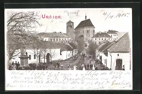 AK Urcice, Strassenpartie, Blick zur Kirche
