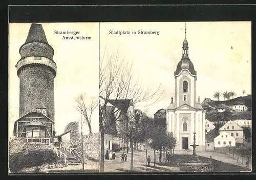 AK Stramberg, Stadtplatz mit Kirche, Aussichtsturm