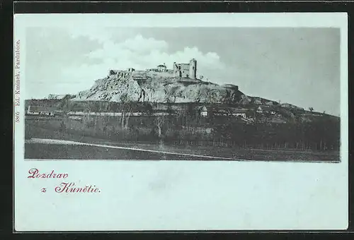 Mondschein-AK Kunetice, Ortsansicht aus der Vogelschau