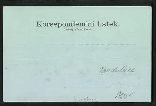 Mondschein-AK Kunetice, Ortsansicht aus der Vogelschau