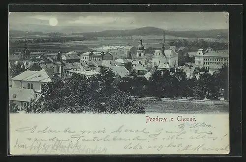 Mondschein-AK Chotzen / Chocen, Ortsansicht aus der Vogelschau