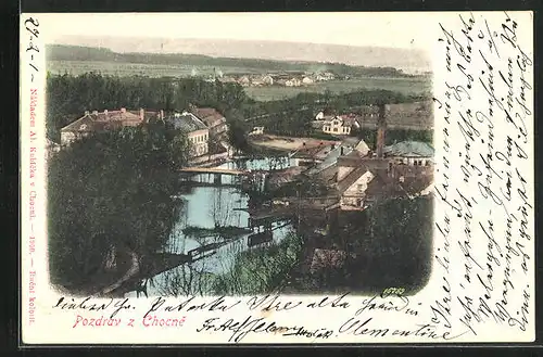 AK Chotzen / Chocen, Ortsansicht mit Brücke aus der Vogelschau