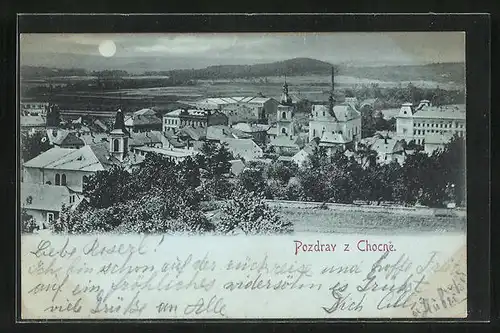 Mondschein-AK Chotzen / Chocen, Ortsansicht aus der Vogelschau