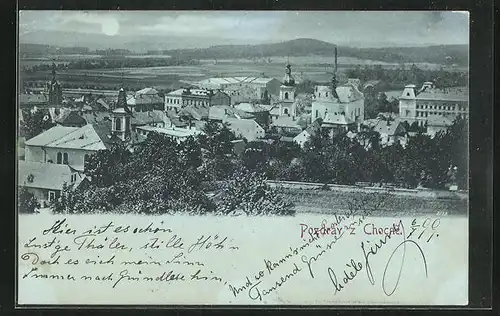 Mondschein-AK Chotzen / Chocen, Ortsansicht aus der Vogelschau