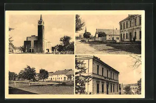 AK Mískovice, Strassenpartie, Blick zur Kirche