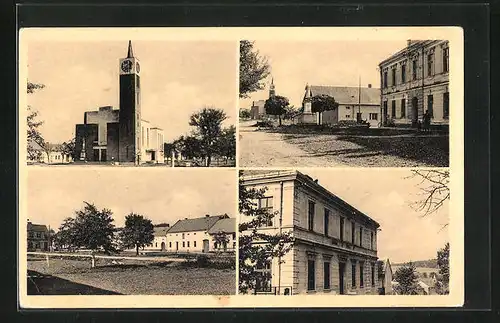 AK Mískovice, Strassenpartie, Blick zur Kirche