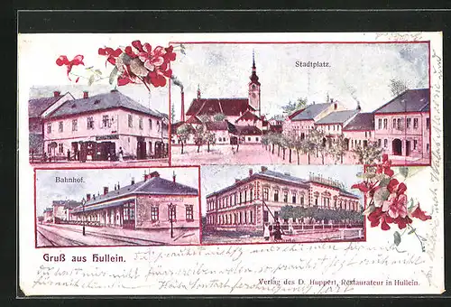 AK Hullein, Stadtplatz, Bahnhof und Schule