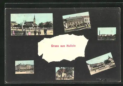 AK Hullein, Stadtplatz, Blick zur Kirche, Schule, Ortspartie